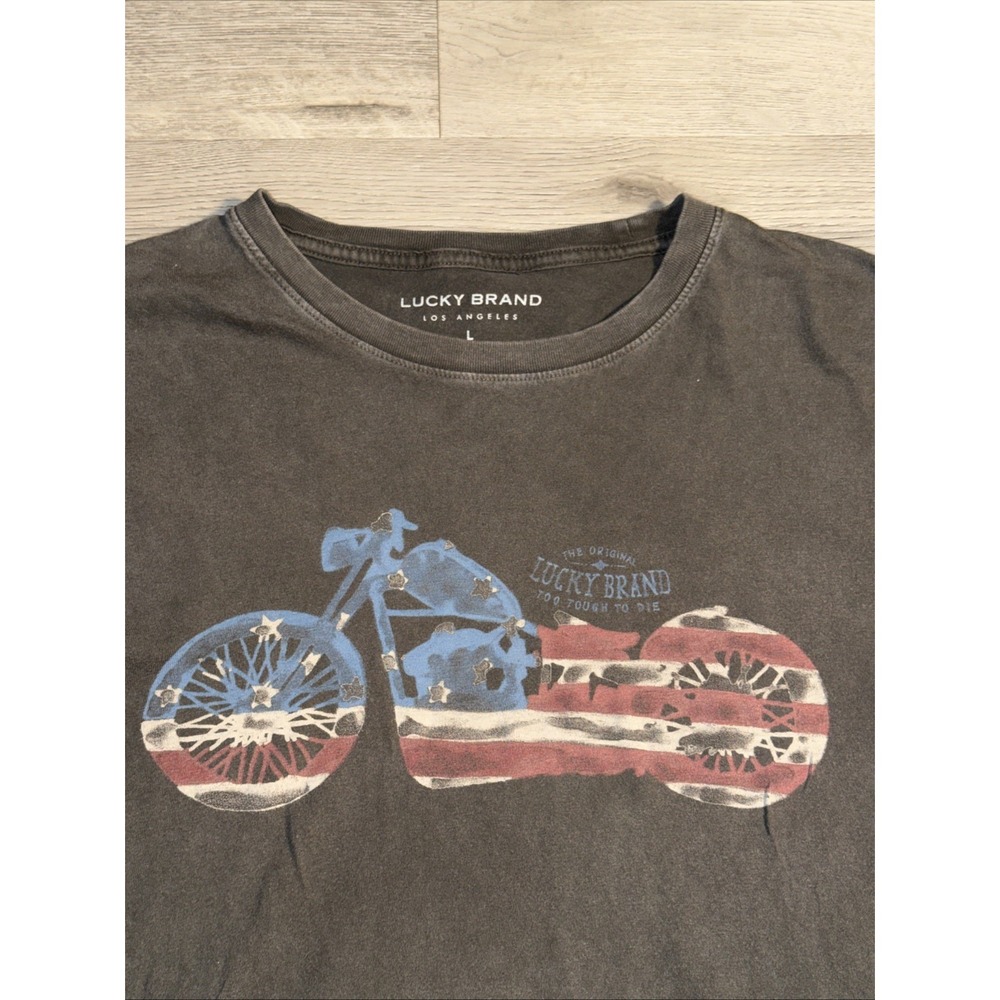 Lucky Brand Motorcycle‎ Flag Graphic T-Shirt Size L Gray Americana Moto Tee